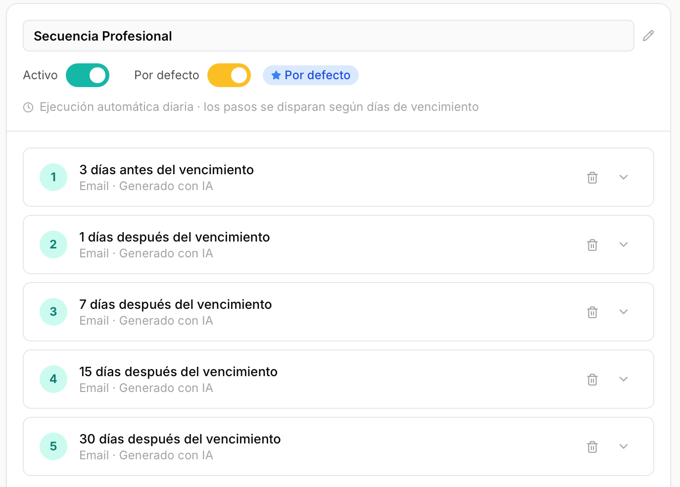 Configuración de flujo de cobro automático con recordatorios escalonados en On due